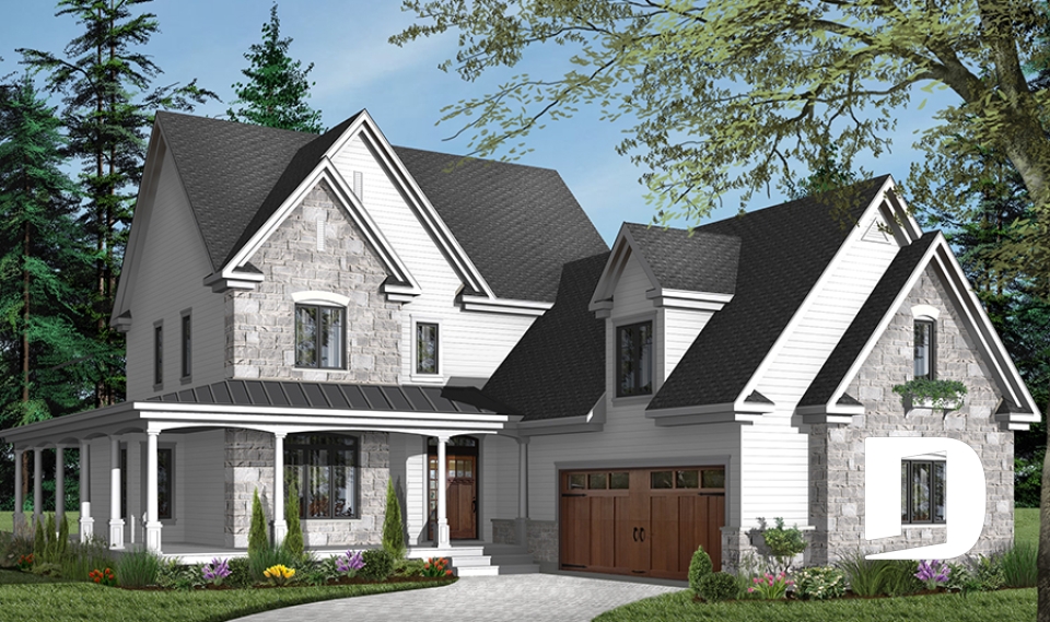 front - BASE MODEL - Traditional home with wraparound porch, 4 bedrooms, 2+ car garage, home office, large bonus space - Turningdale