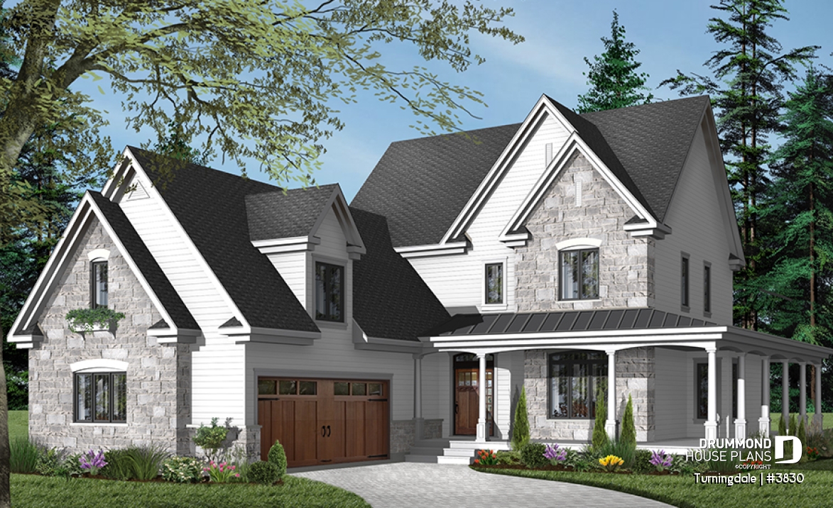 front - BASE MODEL - Traditional home with wraparound porch, 4 bedrooms, 2+ car garage, home office, large bonus space - Turningdale