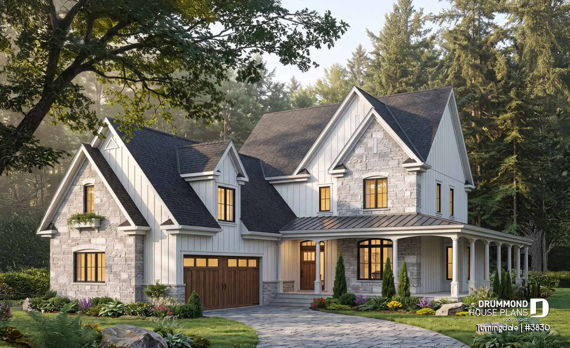 front - BASE MODEL - Traditional home with wraparound porch, 4 bedrooms, 2+ car garage, home office, large bonus space - Turningdale