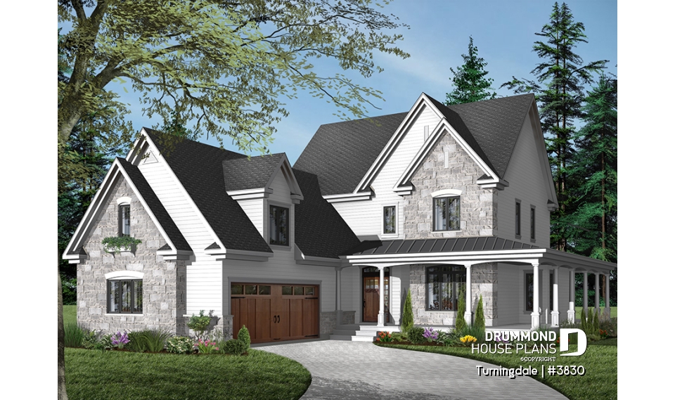front - BASE MODEL - Traditional home with wraparound porch, 4 bedrooms, 2+ car garage, home office, large bonus space - Turningdale
