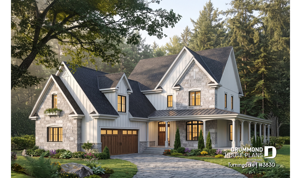 front - BASE MODEL - Traditional home with wraparound porch, 4 bedrooms, 2+ car garage, home office, large bonus space - Turningdale