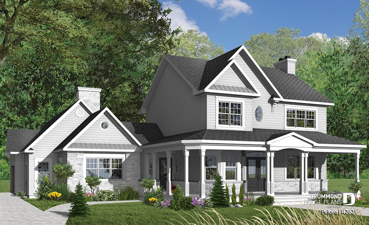 Color version 1 - Front - Farmhouse style home plan, 9' ceiling, large bonus area, 3-car garage, 3 bedrooms, 9' ceiling on main floor - Pelusa