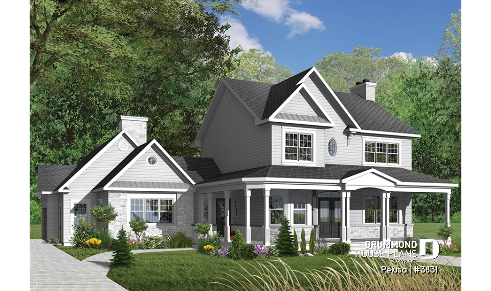 Color version 1 - Front - Farmhouse style home plan, 9' ceiling, large bonus area, 3-car garage, 3 bedrooms, 9' ceiling on main floor - Pelusa