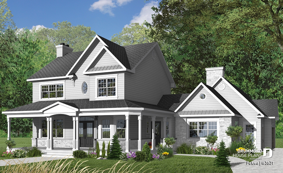Color version 1 - Front - Farmhouse style home plan, 9' ceiling, large bonus area, 3-car garage, 3 bedrooms, 9' ceiling on main floor - Pelusa