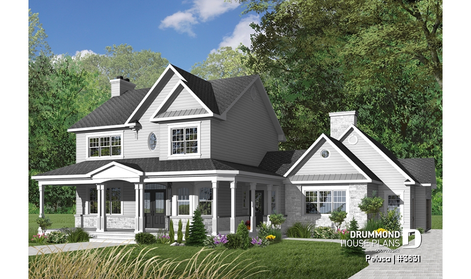 Color version 1 - Front - Farmhouse style home plan, 9' ceiling, large bonus area, 3-car garage, 3 bedrooms, 9' ceiling on main floor - Pelusa