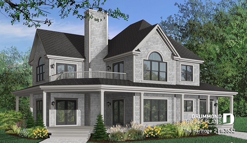 Color version 1 - Front - Beautiful three-car garage 4 beds Country Home plan, 2 master suites, wraparound terrace, fireplace - The Heritage 4