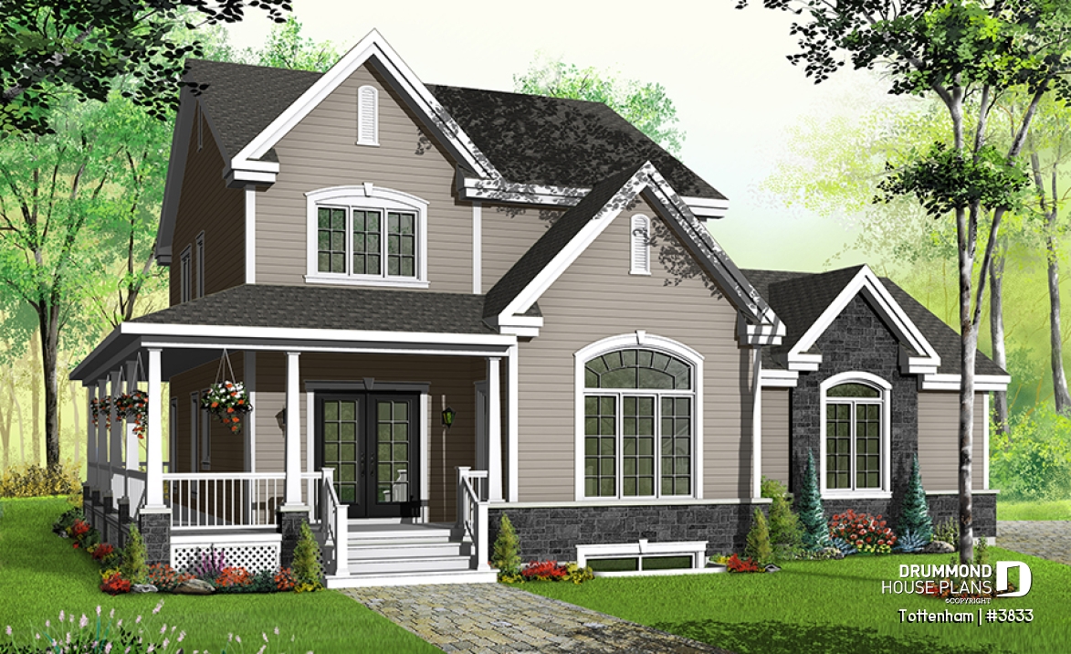front - BASE MODEL - 3 bedroom 3 bathroom house plan, large master suite, 2-car side-entry garage, large laundry room - Tottenham