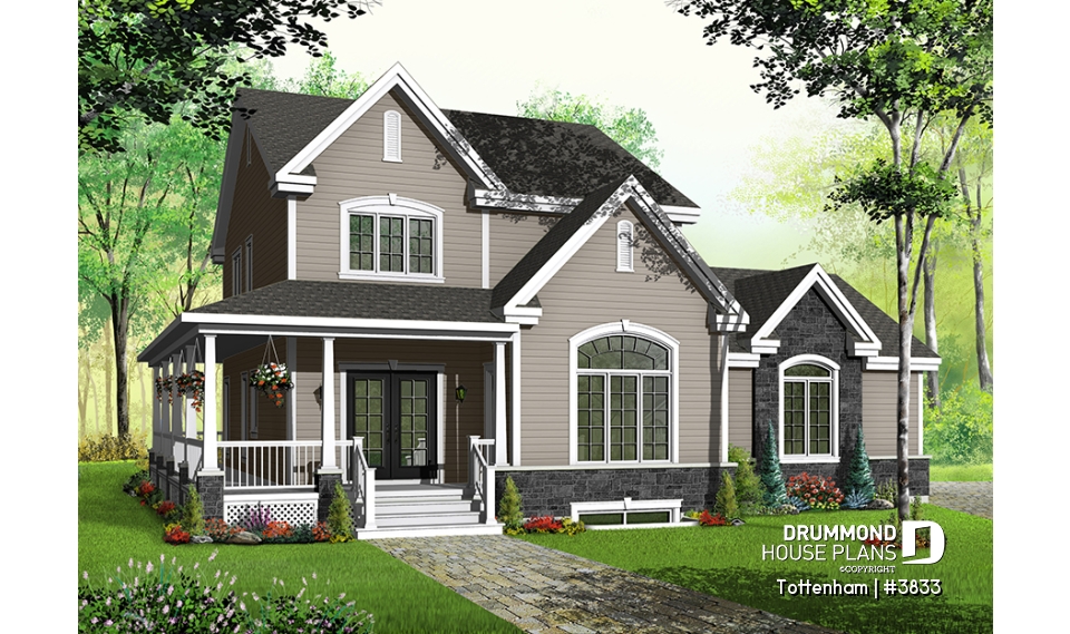 front - BASE MODEL - 3 bedroom 3 bathroom house plan, large master suite, 2-car side-entry garage, large laundry room - Tottenham