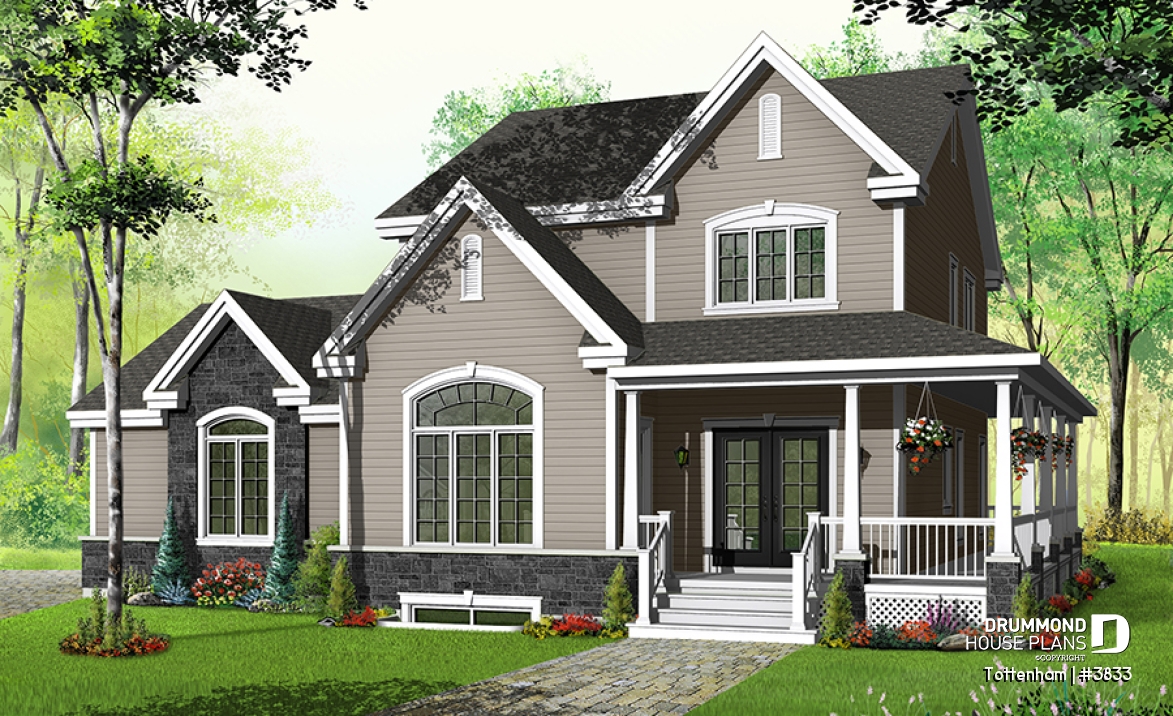 front - BASE MODEL - 3 bedroom 3 bathroom house plan, large master suite, 2-car side-entry garage, large laundry room - Tottenham