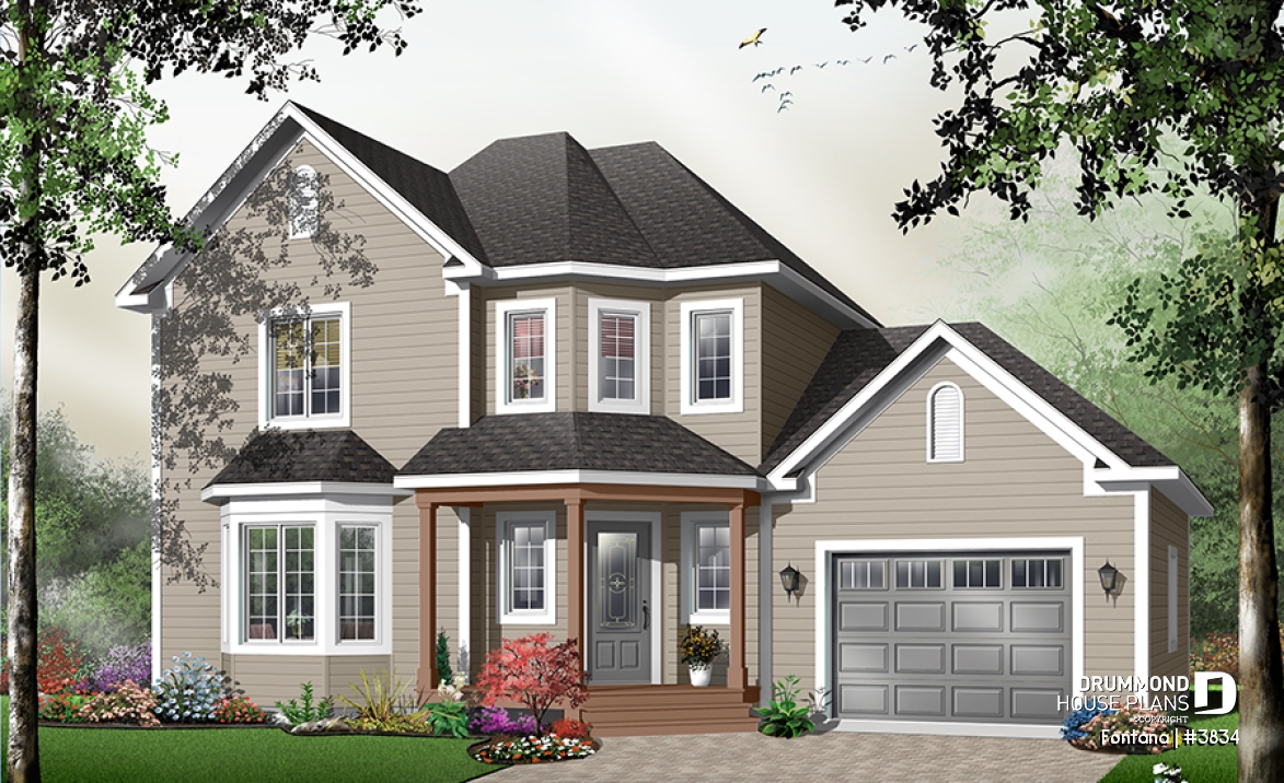 front - BASE MODEL - American cottage with garage, 3 bedrooms, kitchen with island, dual sink - Fontana