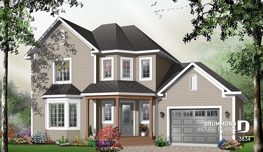 front - BASE MODEL - American cottage with garage, 3 bedrooms, kitchen with island, dual sink - Fontana