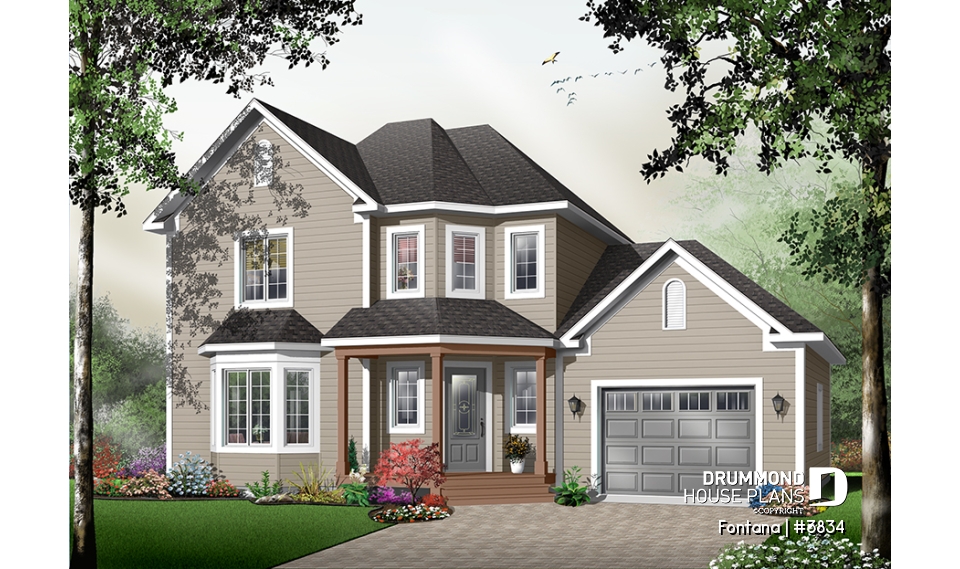 front - BASE MODEL - American cottage with garage, 3 bedrooms, kitchen with island, dual sink - Fontana