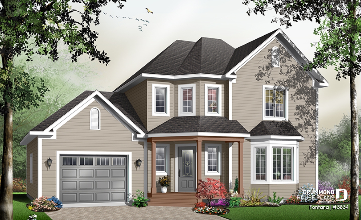 front - BASE MODEL - American cottage with garage, 3 bedrooms, kitchen with island, dual sink - Fontana