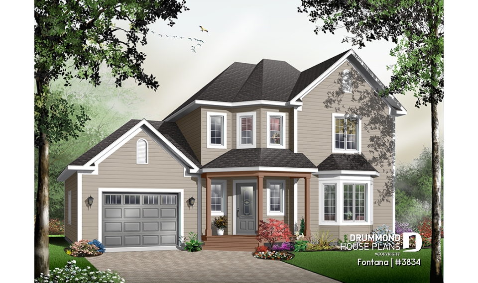 front - BASE MODEL - American cottage with garage, 3 bedrooms, kitchen with island, dual sink - Fontana