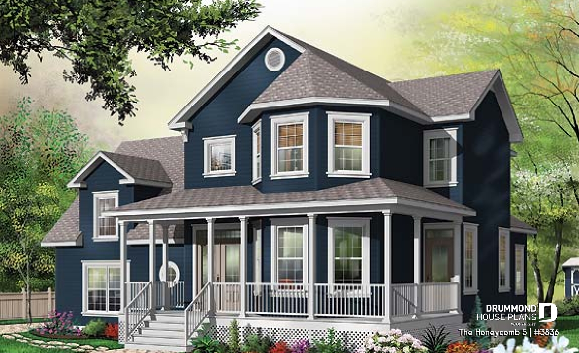 front - BASE MODEL - Charming 3 bedroom country style house plan, 2-car garage, bonus room, home office with fireplace - The Honeycomb 5