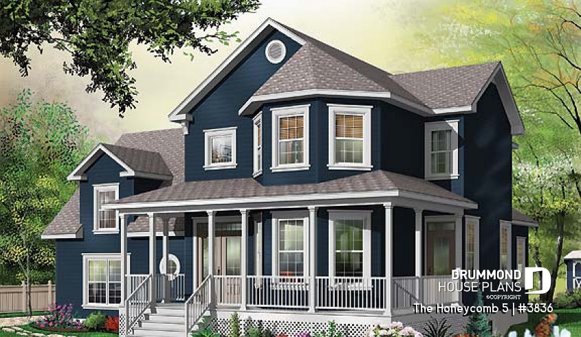 front - BASE MODEL - Charming 3 bedroom country style house plan, 2-car garage, bonus room, home office with fireplace - The Honeycomb 5