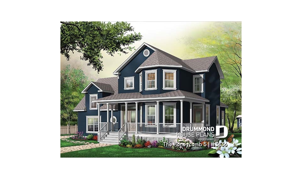 front - BASE MODEL - Charming 3 bedroom country style house plan, 2-car garage, bonus room, home office with fireplace - The Honeycomb 5