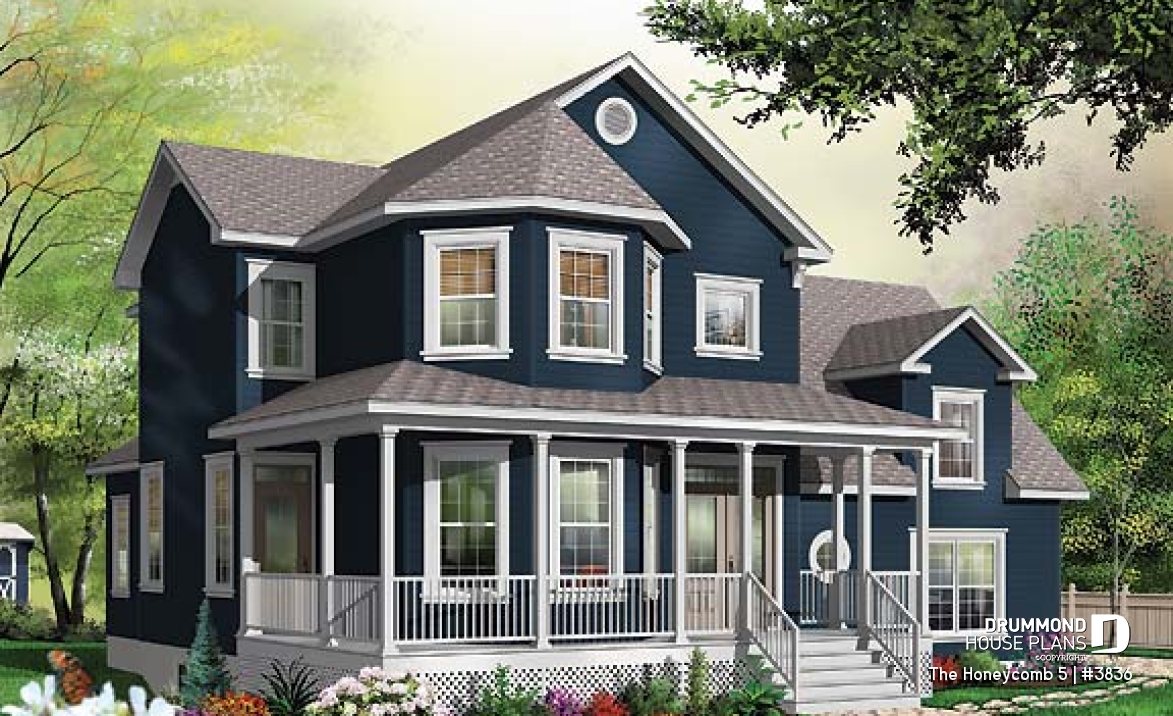 front - BASE MODEL - Charming 3 bedroom country style house plan, 2-car garage, bonus room, home office with fireplace - The Honeycomb 5