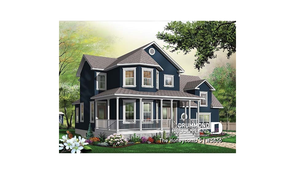 front - BASE MODEL - Charming 3 bedroom country style house plan, 2-car garage, bonus room, home office with fireplace - The Honeycomb 5