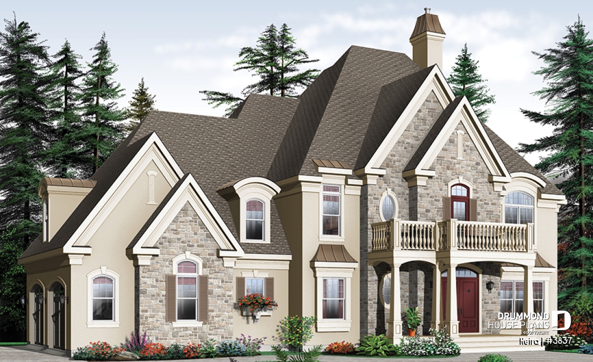 front - BASE MODEL - Luxury style house plan, large 2-car garage, formal living &amp; dining room, fireplace, master suite, bonus room - Keira