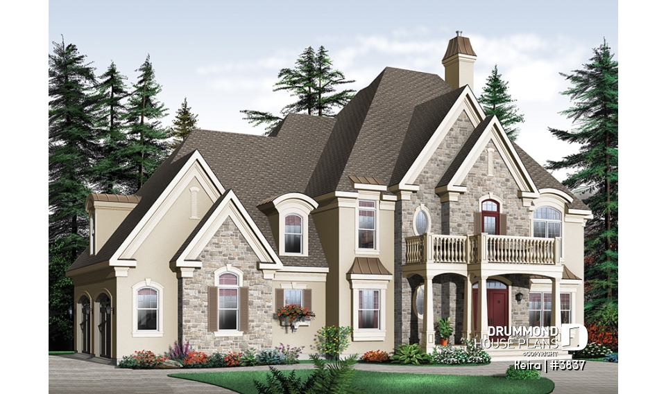 front - BASE MODEL - Luxury style house plan, large 2-car garage, formal living &amp; dining room, fireplace, master suite, bonus room - Keira