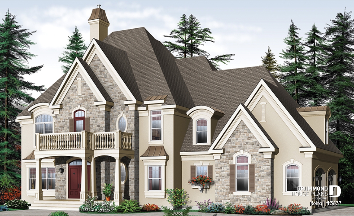 front - BASE MODEL - Luxury style house plan, large 2-car garage, formal living &amp; dining room, fireplace, master suite, bonus room - Keira