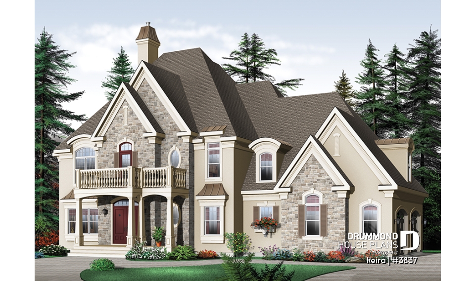 front - BASE MODEL - Luxury style house plan, large 2-car garage, formal living &amp; dining room, fireplace, master suite, bonus room - Keira