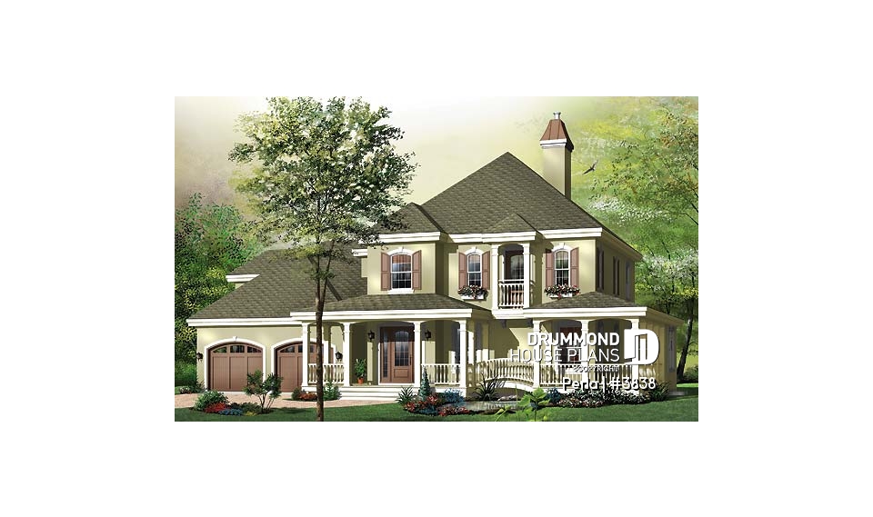 front - BASE MODEL - 3 to 4 bed Spanish style house plan, large master suite, bonus room, fireplace, 2-car garage - Perla