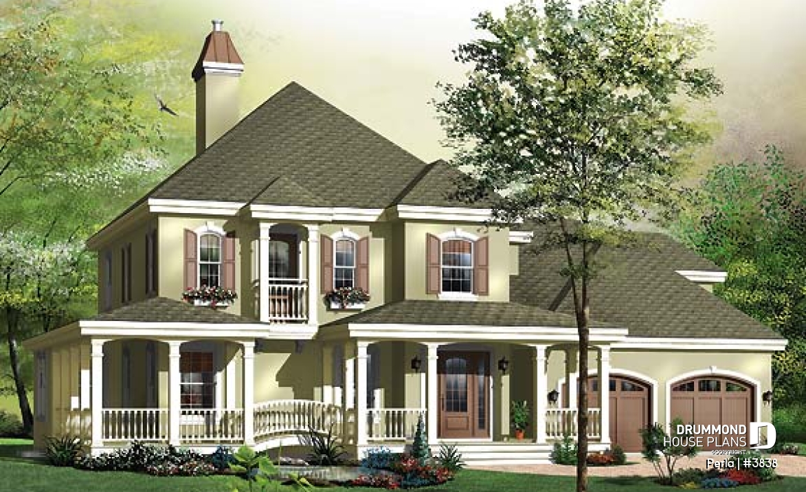 front - BASE MODEL - 3 to 4 bed Spanish style house plan, large master suite, bonus room, fireplace, 2-car garage - Perla