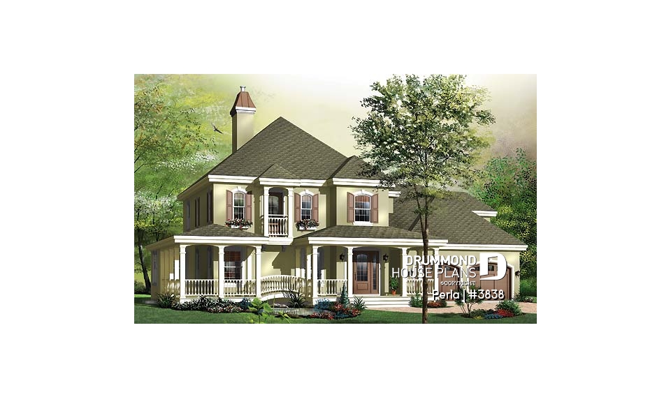 front - BASE MODEL - 3 to 4 bed Spanish style house plan, large master suite, bonus room, fireplace, 2-car garage - Perla