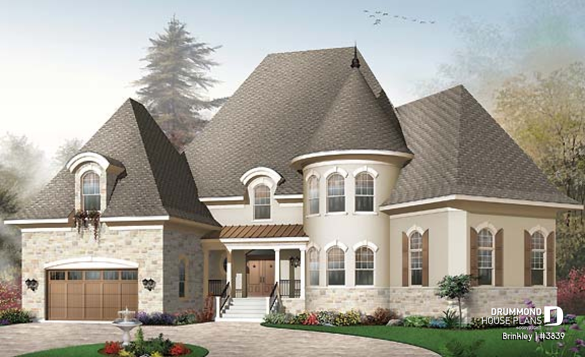 front - BASE MODEL - Somptuous 4 to 5 bedroom manor style house plan, 10' ceiling on main floor, cathedral in living room, library - Brinkley