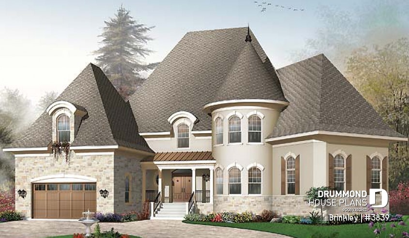 front - BASE MODEL - Somptuous 4 to 5 bedroom manor style house plan, 10' ceiling on main floor, cathedral in living room, library - Brinkley