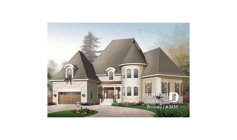 front - BASE MODEL - Somptuous 4 to 5 bedroom manor style house plan, 10' ceiling on main floor, cathedral in living room, library - Brinkley