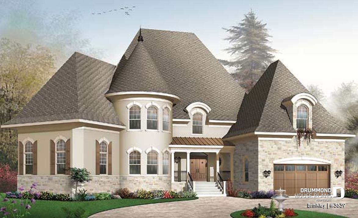front - BASE MODEL - Somptuous 4 to 5 bedroom manor style house plan, 10' ceiling on main floor, cathedral in living room, library - Brinkley
