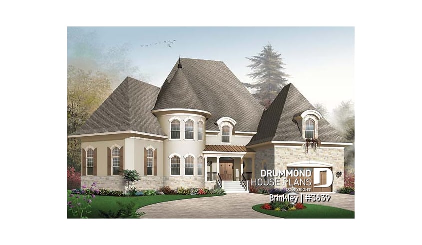 front - BASE MODEL - Somptuous 4 to 5 bedroom manor style house plan, 10' ceiling on main floor, cathedral in living room, library - Brinkley