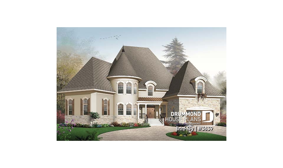front - BASE MODEL - Somptuous 4 to 5 bedroom manor style house plan, 10' ceiling on main floor, cathedral in living room, library - Brinkley