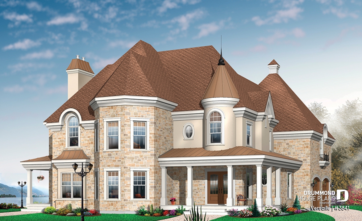 front - BASE MODEL - 3 to 4 bedroom European style house plan, master suite with fireplace, home office, formal dining - Versaille