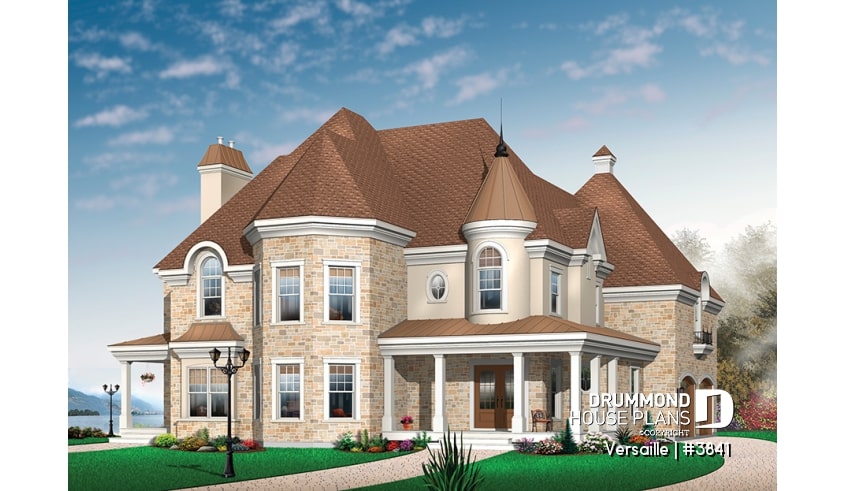front - BASE MODEL - 3 to 4 bedroom European style house plan, master suite with fireplace, home office, formal dining - Versaille