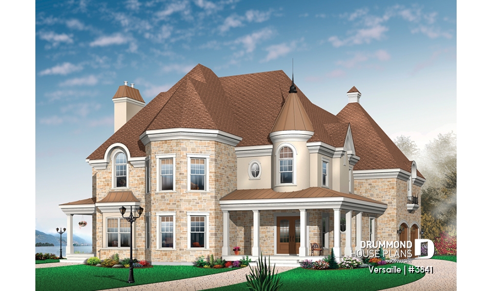 front - BASE MODEL - 3 to 4 bedroom European style house plan, master suite with fireplace, home office, formal dining - Versaille