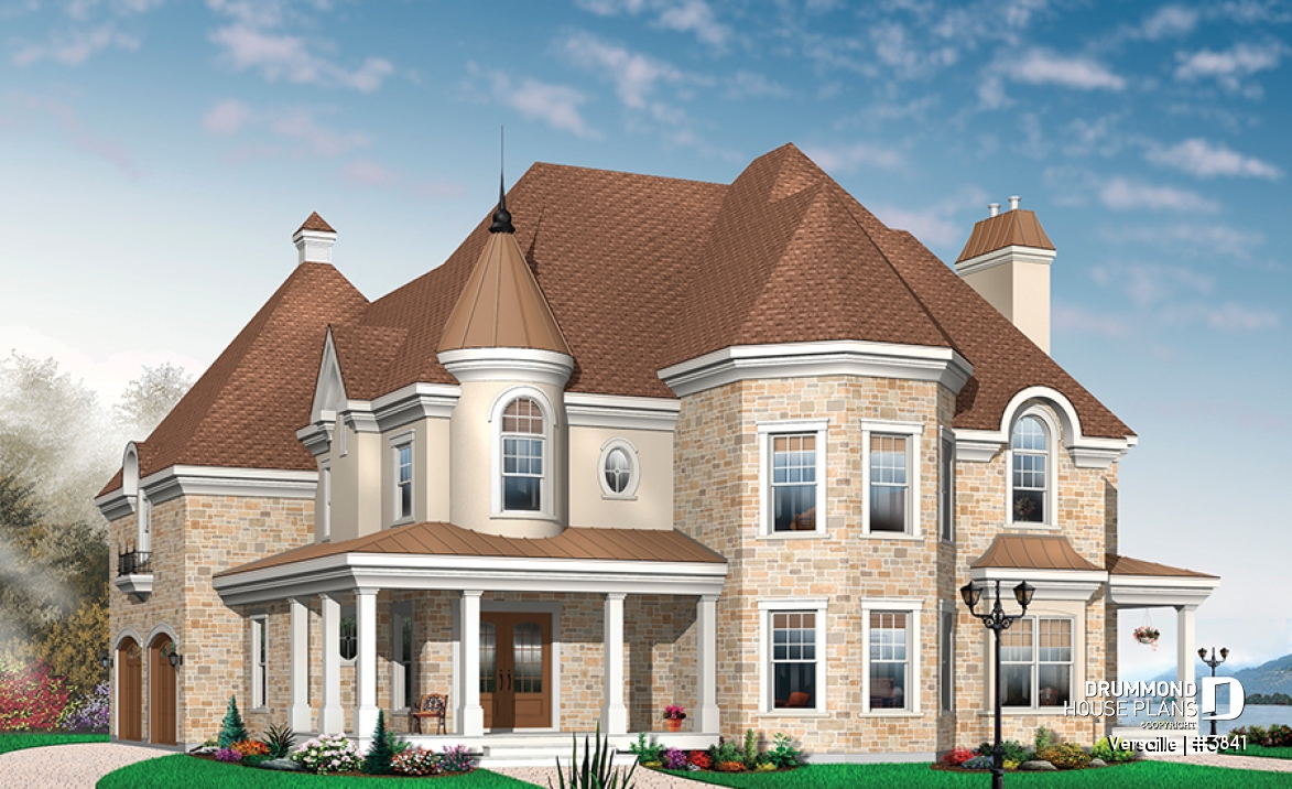 front - BASE MODEL - 3 to 4 bedroom European style house plan, master suite with fireplace, home office, formal dining - Versaille