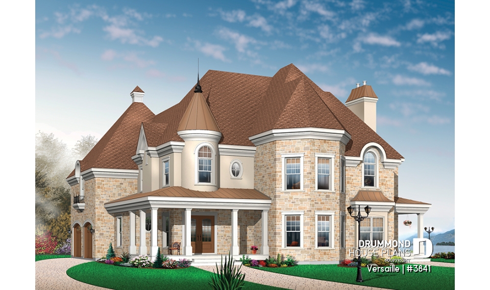 front - BASE MODEL - 3 to 4 bedroom European style house plan, master suite with fireplace, home office, formal dining - Versaille