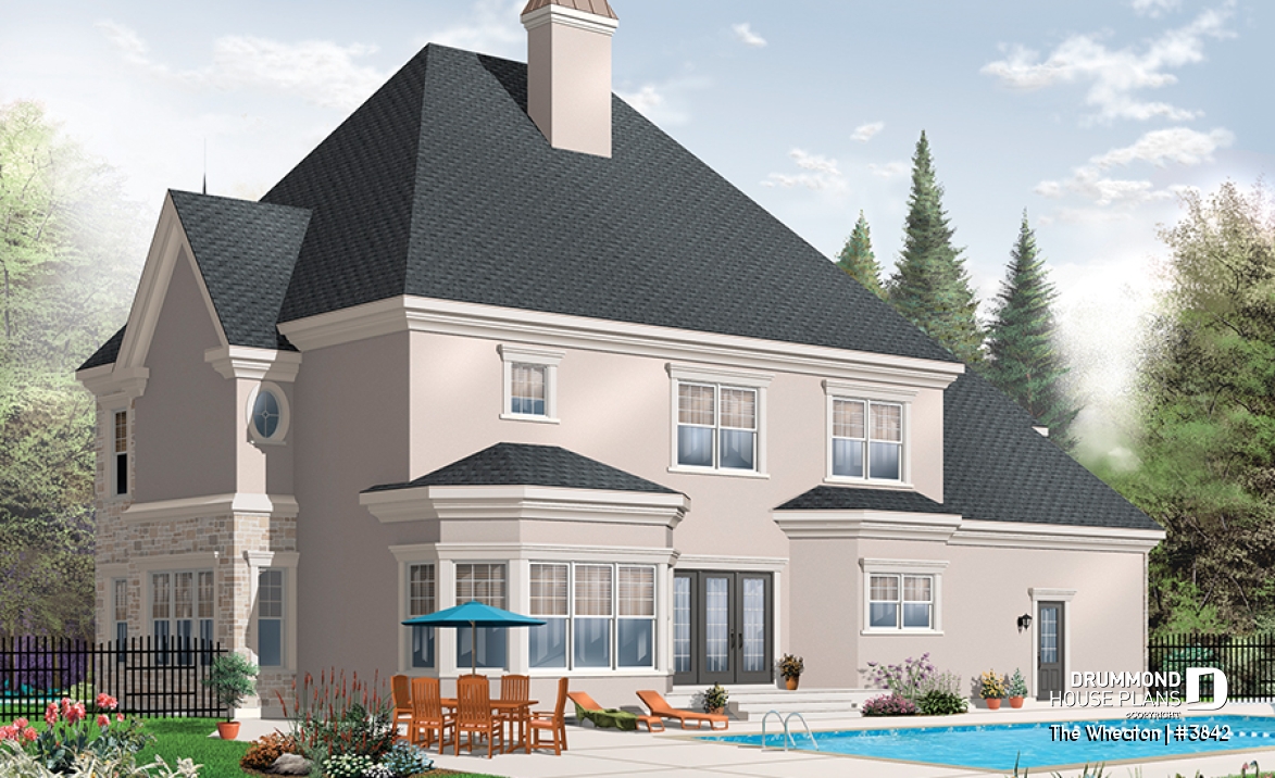 Rear view - BASE MODEL - Luxurious Classical 4 to 5 bedroom house plan, 3-car garage, 2 master suites, home office, large bonus room - The Wheaton