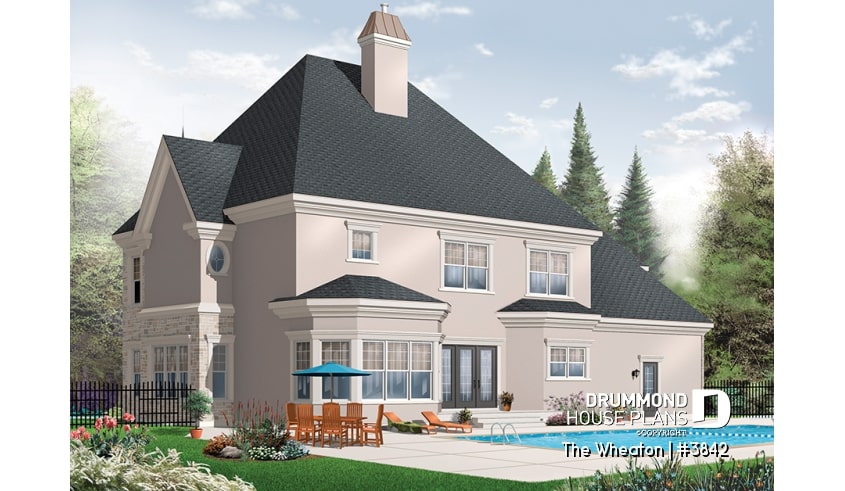 Rear view - BASE MODEL - Luxurious Classical 4 to 5 bedroom house plan, 3-car garage, 2 master suites, home office, large bonus room - The Wheaton