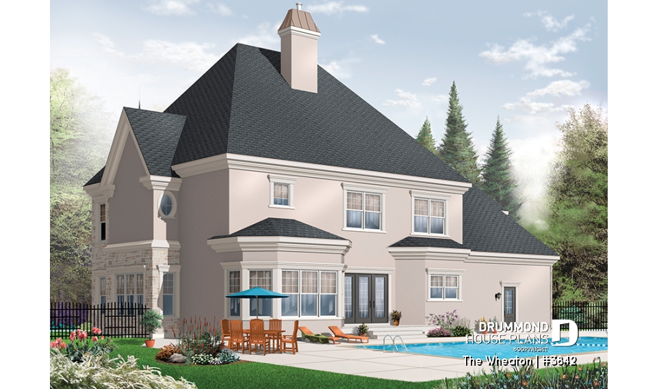Rear view - BASE MODEL - Luxurious Classical 4 to 5 bedroom house plan, 3-car garage, 2 master suites, home office, large bonus room - The Wheaton