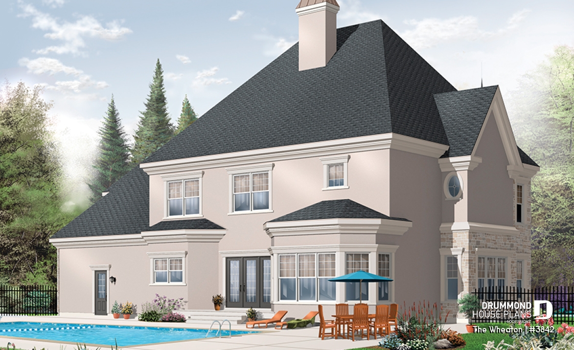 Rear view - BASE MODEL - Luxurious Classical 4 to 5 bedroom house plan, 3-car garage, 2 master suites, home office, large bonus room - The Wheaton
