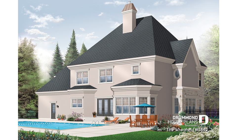 Rear view - BASE MODEL - Luxurious Classical 4 to 5 bedroom house plan, 3-car garage, 2 master suites, home office, large bonus room - The Wheaton