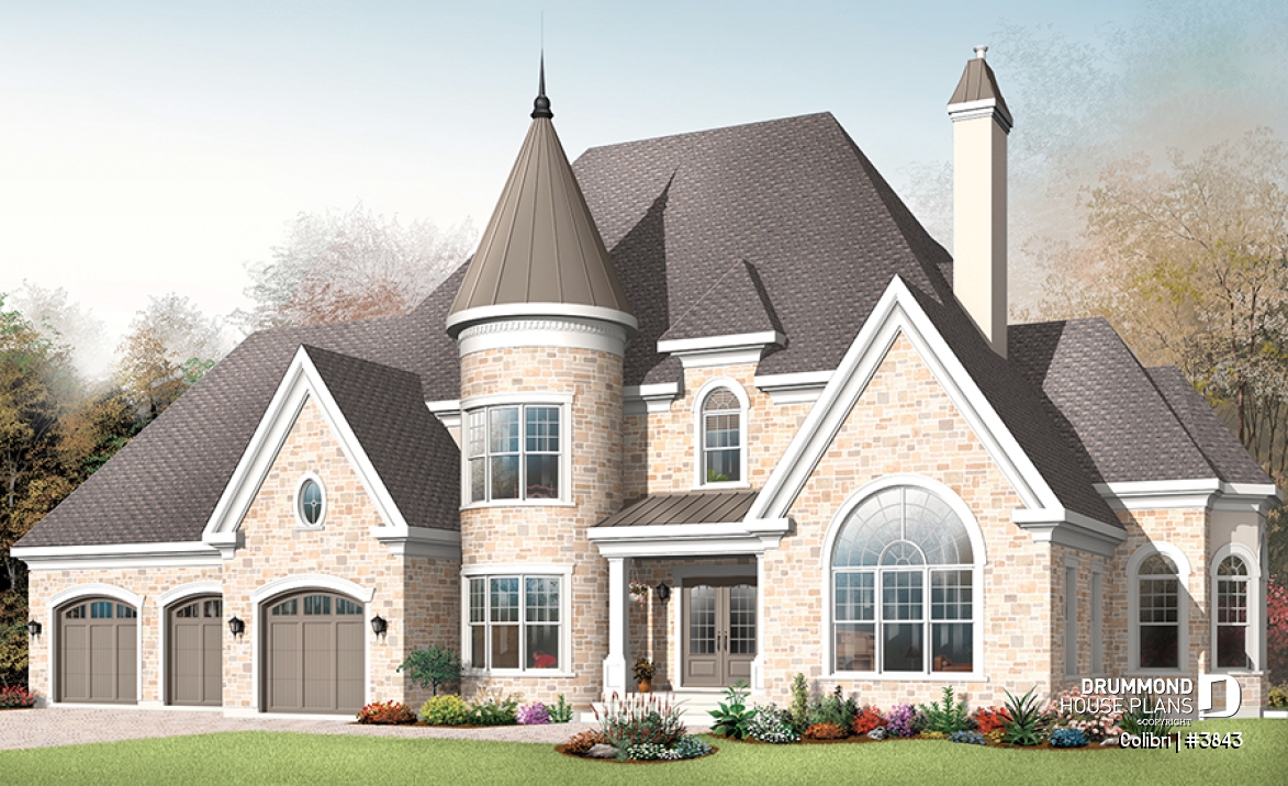front - BASE MODEL - 3 master suites house plan with formal dining and living room, 3-car garage, 3 fireplaces, home office - Colibri