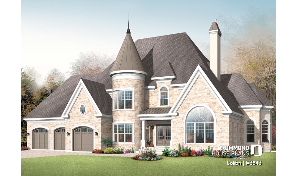 front - BASE MODEL - 3 master suites house plan with formal dining and living room, 3-car garage, 3 fireplaces, home office - Colibri
