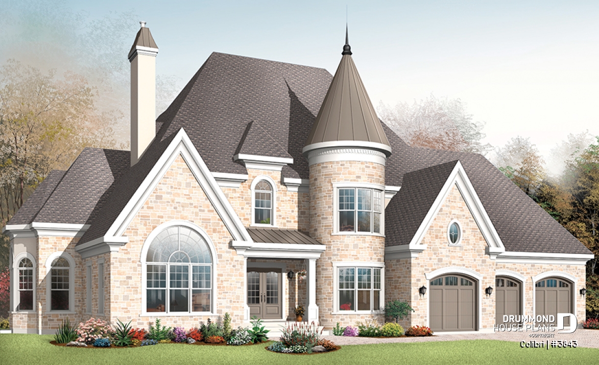 front - BASE MODEL - 3 master suites house plan with formal dining and living room, 3-car garage, 3 fireplaces, home office - Colibri
