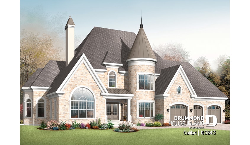 front - BASE MODEL - 3 master suites house plan with formal dining and living room, 3-car garage, 3 fireplaces, home office - Colibri